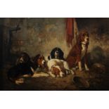 Joseph Edouard Stevens (Belgian, 1816-1892), Dogs in a barn, oil on canvas, signed with the monogram