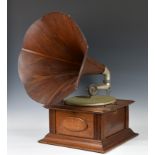 A "CONCERT" horn gramophone with Morning Glory shaped wooden horn, oak cased, missing wind-up key. *