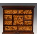 A 17th century and later Augsburg marquetry table cabinet, fitted with a mahogany top and sides,