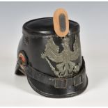 WW1 style German Prussian Shako, leather bodied example with grey metal Prussian eagle plate to