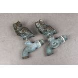 A pair of patented cast bronze exterior water taps fashioned as owls, the owl handles standing 3¼in.