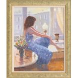 Zlatan Pilipovic (b.1958 Sarajevo), Woman Sitting by a Window with a Vase of Flowers,oil on