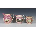 Three Sunderland pink lustre jugs, to include a large early nineteenth century Sunderland pink