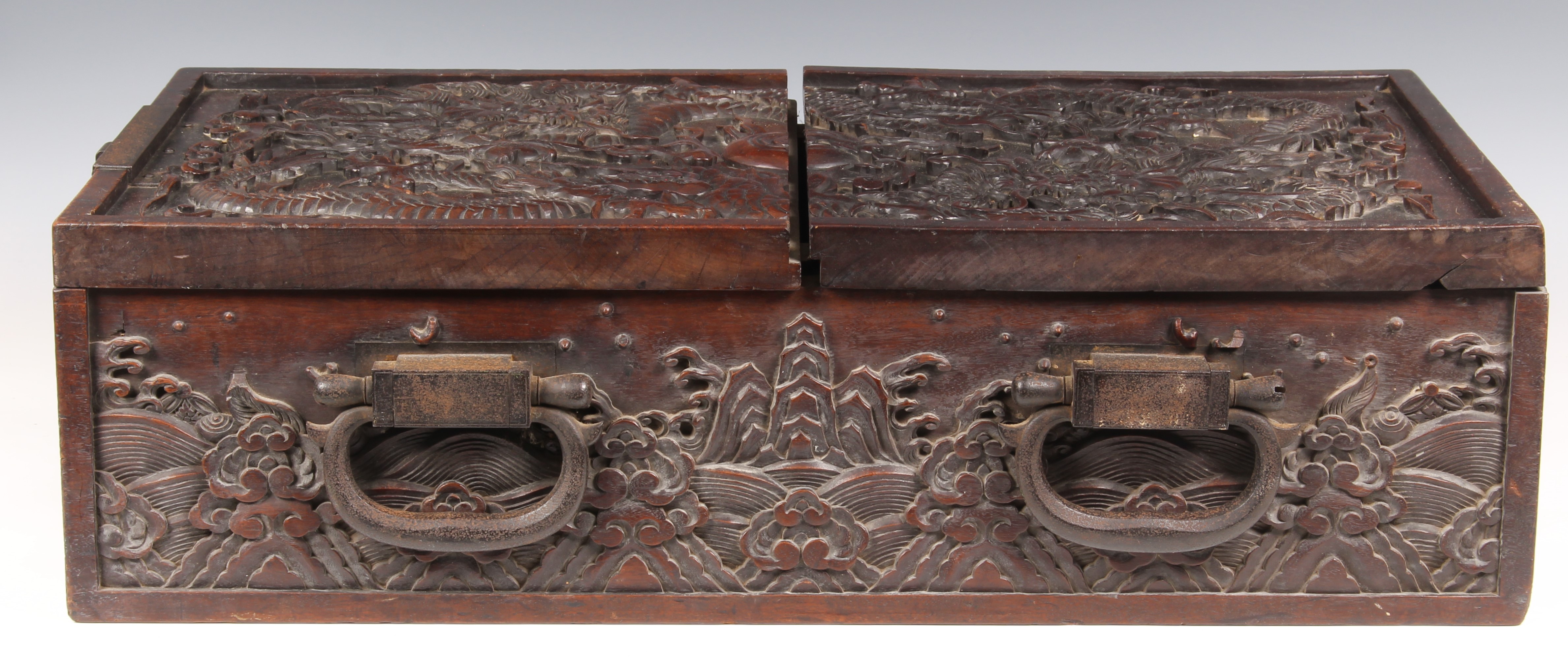 A Chinese carved teak document/writing box with iron furniture, probably 19th century, the two - Image 9 of 10