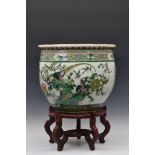 A large Chinese famille rose verte porcelain fish bowl, probably 19th century, circular form,