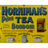 An early 20th century enamel advertising sign for "Hornimans Pure Tea - Finest Boudoir - In Red Tins