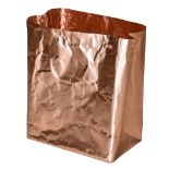 A novelty copper waste paper basket by Hailo, in the form of a crumpled paper shopping bag, maker'