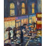 Michael Quirke (British, b.1946), 'Wet Evening', Shoppers on a rain swept London street, oil on