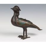 A 19th century Chinese archaistic bronze and champlevé enamel pheasant incense burner, of a 16th