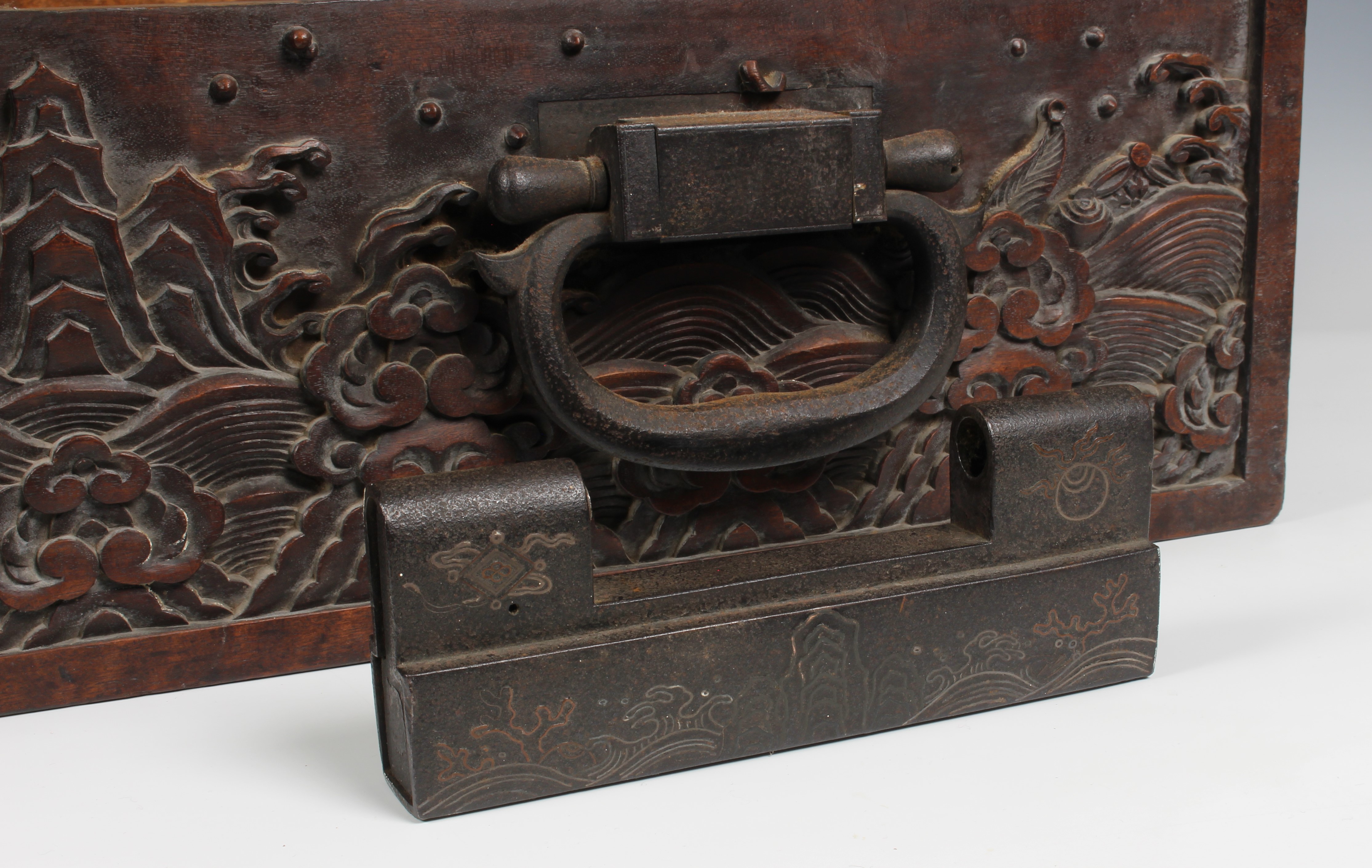 A Chinese carved teak document/writing box with iron furniture, probably 19th century, the two - Image 8 of 10