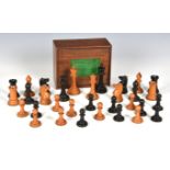 A Jaques & Son Staunton pattern boxwood and ebony chess set, the king 8.7cm. high, not weighted, the