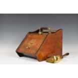 An Edwardian mahogany inlaid coal box, with brass and wood turned handle, the sloped hinged front