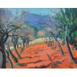 Peter Carnegie (British, late 20th century), "Orange Field, Majorca", oil board, signed lower right,