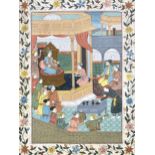 An Indian School gouache painting, depicting a nobleman sitting upon a throne with figures bearing