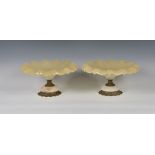 A pair of alabaster and gilt metal tazzas, probably late 20th century, the dishes with crimped rims,