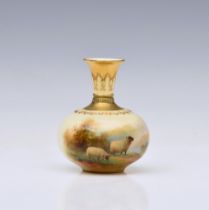 A Royal Worcester porcelain squat sheep painted bottle vase by Harry Davis, painted with two sheep