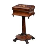 A William IV rosewood and marquetry teapoy, the sarcophagus top with floral marquetry decoration,