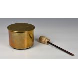 A WWI trench art table gong, with simple wooden stand and wood and leather beater, the cut-down