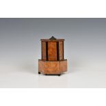 A vintage German Burr Walnut veneered Musical Cigarette dispenser, wind key beneath, 7in. (17.