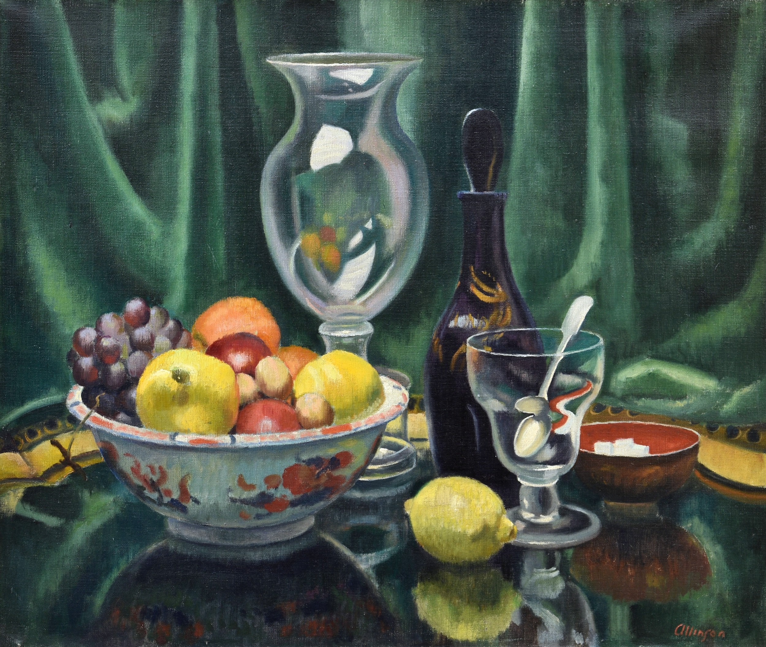 Adrian Paul Allinson ROI, RBA (British, 1890-1959), Still Life of Fruit in a Bowl with a Vase,