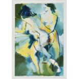Peter Wright (20th century), Two female nudes in blues and ochre, gouache on handmade paper, 22½ x