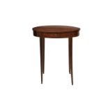 A George III oval crossbanded mahogany occasional table with lidded top, the oval top opening to