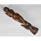A carved wooden wall applique figure of a mermaid, probably 19th century, with short, fin-style