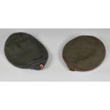 Two WWI Original German Feldmutz 'Pork Pie' caps, with two tin buttons, maroon band / piping and