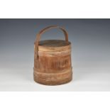 A vintage wooden pail, with bentwood handle and strapping, marked freehand 'SHAMPOO' to front, 9¾in.