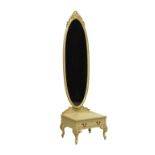 A 20th century floor standing bedroom mirror, the oval mirror on a single frieze drawer base, raised