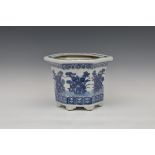 A Chinese porcelain blue and white 'duck and lotus pond' hexagonal flower or bulb pot, probably late