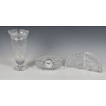 Waterford Crystal - clock / vase and bookends, the bookends in 'Lismore' pattern of quadrant / fan