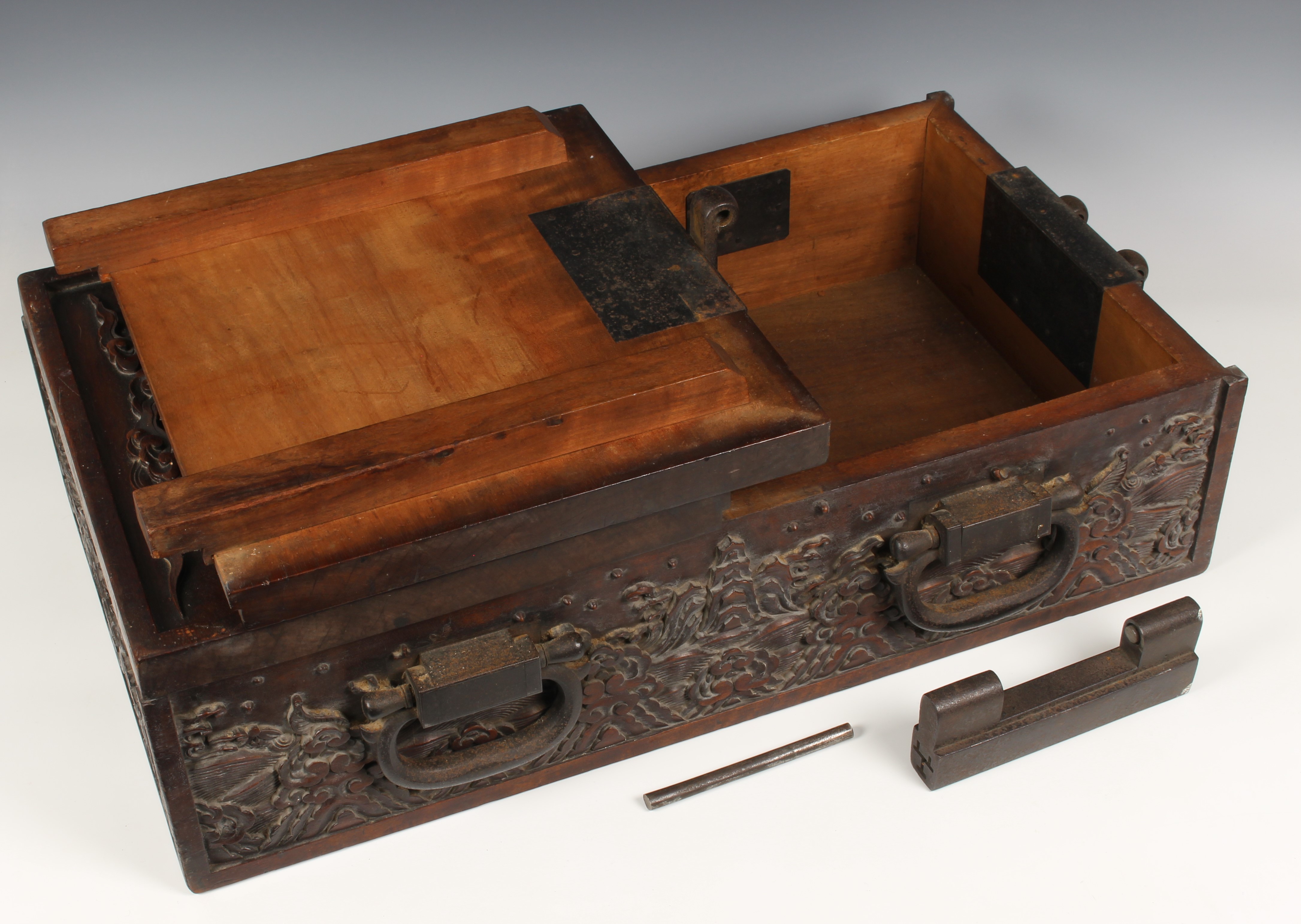 A Chinese carved teak document/writing box with iron furniture, probably 19th century, the two - Image 6 of 10