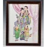A Chinese famille rose porcelain plaque, 20th century, depicting a noblewoman and her attendants