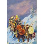 Eastern European School, late 20th century, Travelling band, oil on board, signed indistinctly lower