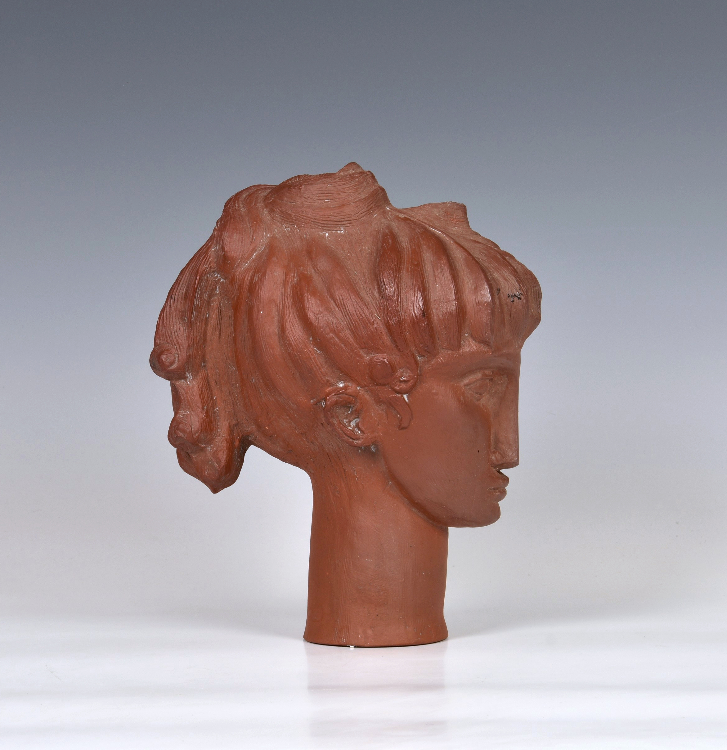 A rare Guernsey Pottery terracotta female bust, signed and dated 'K WEAS 1965 Guernsey Pottery', 8½ - Image 4 of 4