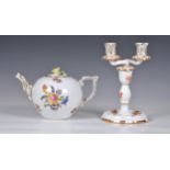 A Herend Teapot, white glaze with hand painted floral design and gilded decoration to handle and