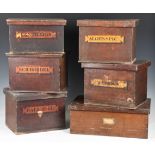 Five stained shop or pharmacy pine and oak storage boxes, labelled as Aloes.Spic:, Gallae.Al:,