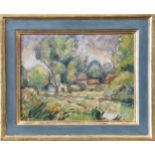 English School, mid 20th century, Cottage Among Trees, oil on hardboard, signed with monogram