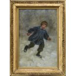 Pierre Edouard Frere (French, 1819-1886), Young boy running in the snow, oil on mahogany panel,