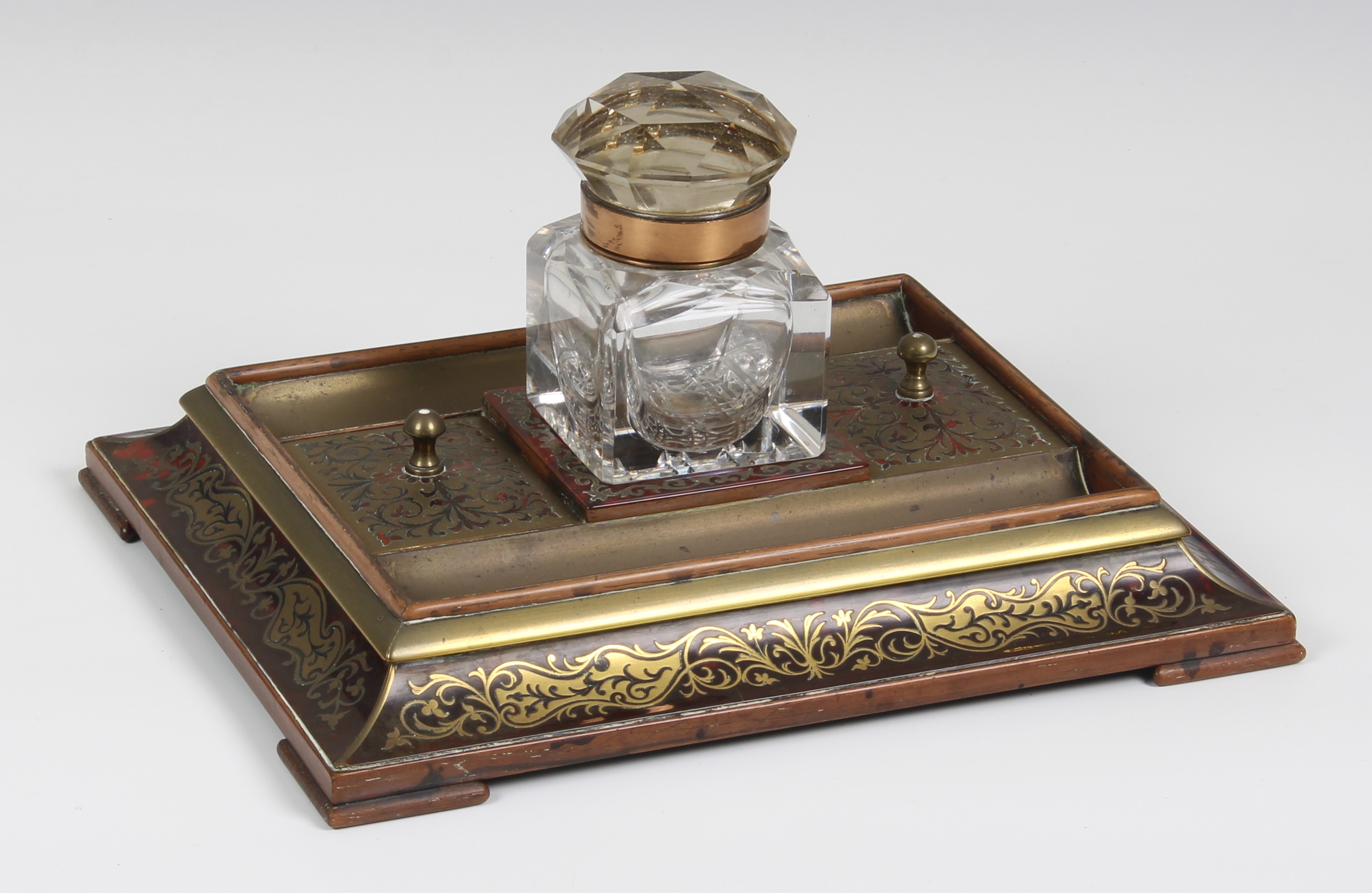 A 19th century Boulle ink stand, the rectangular stand with two brass pen trays and two lidded