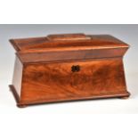 A mid-19th century mahogany tea caddy, of sarcophagus form, with VR lock plate and inlaid