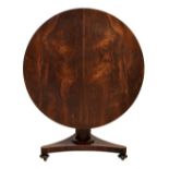 A Victorian rosewood breakfast tilt-top table, the round top over a cannon barrel column with