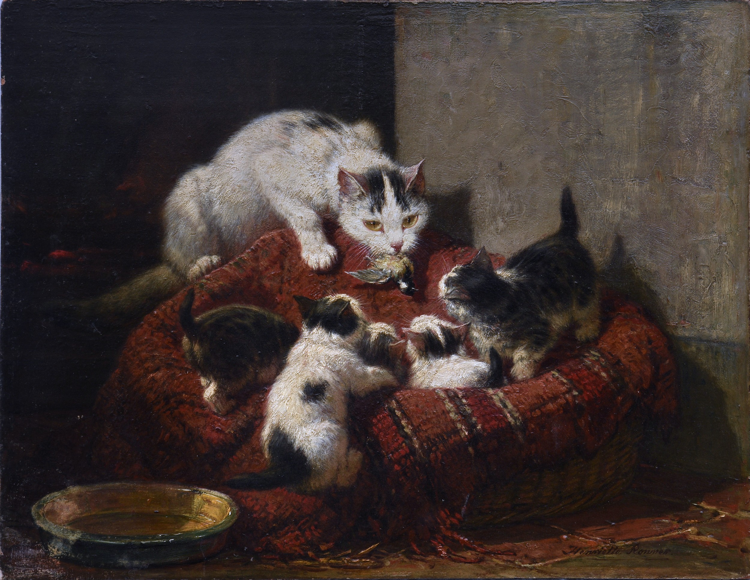 Henriëtte Ronner-Knip (Dutch-Belgian, 1821-1909), A feathered gift, oil on mahogany panel, signed '