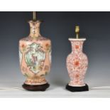Two Chinese porcelain vase lamps, second half 20th century, one of stout, baluster form, painted