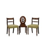 A pair of mahogany side chairs with a mahogany hall chair, the side chairs with a bar back and