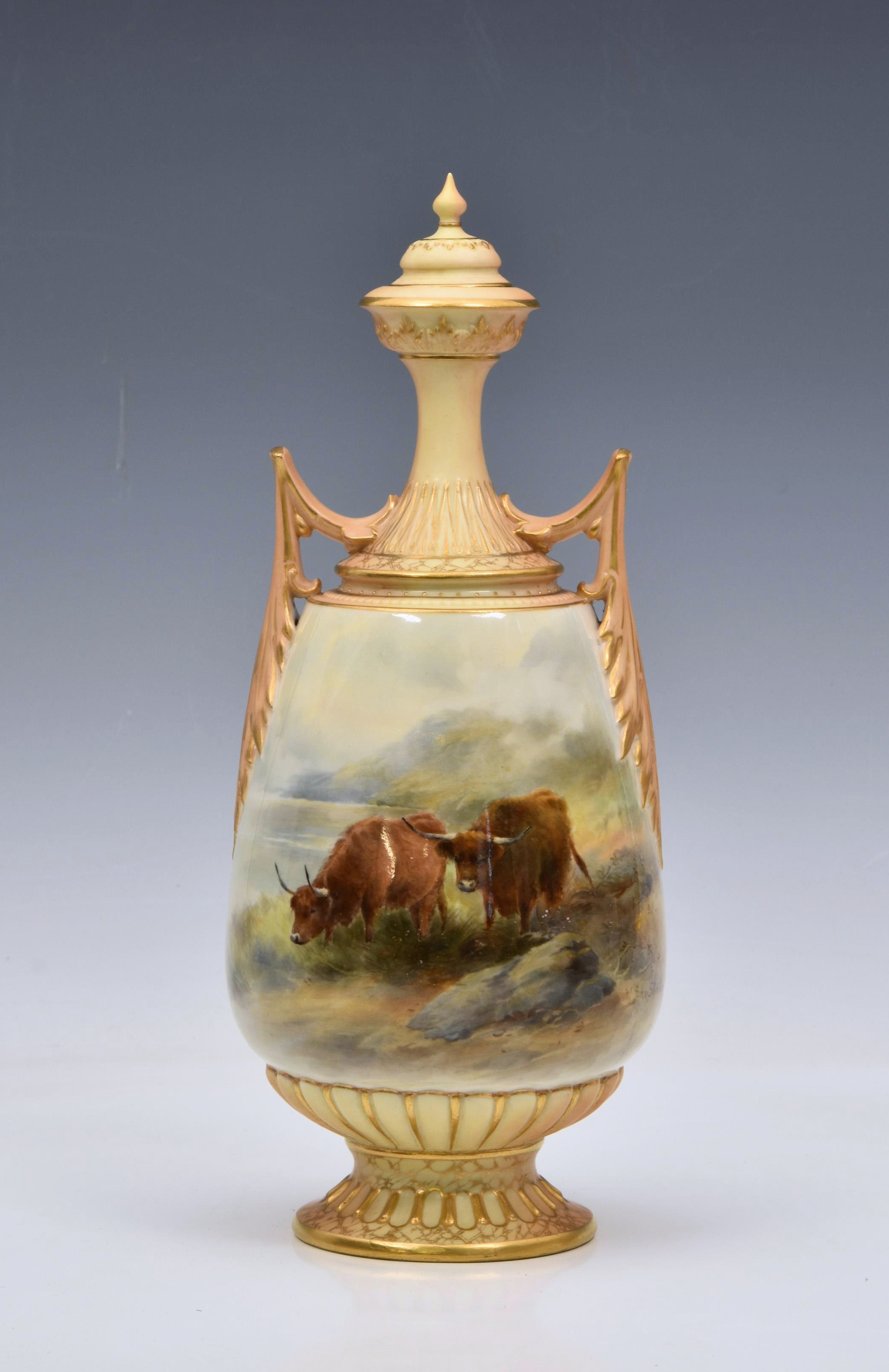 A Royal Worcester porcelain Highland Cattle painted covered vase by John Stinton, painted with two