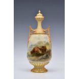 A Royal Worcester porcelain Highland Cattle painted covered vase by John Stinton, painted with two