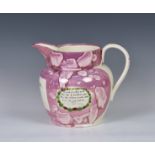 A large early nineteenth century Sunderland pink lustre christening jug, painted and transfer