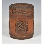 A Chinese bamboo tea caddy or tobacco box, probably late 19th century, of cylindrical form, having